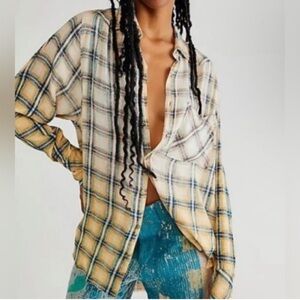 Free People Button Up Ombré Yellow Plaid Tunic With Raw Edges Size Smalll